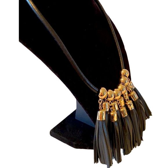 WHBM Gold & Black Leather Fringe Statement Necklace. Stunner! Have one myself! - Picture 3 of 5